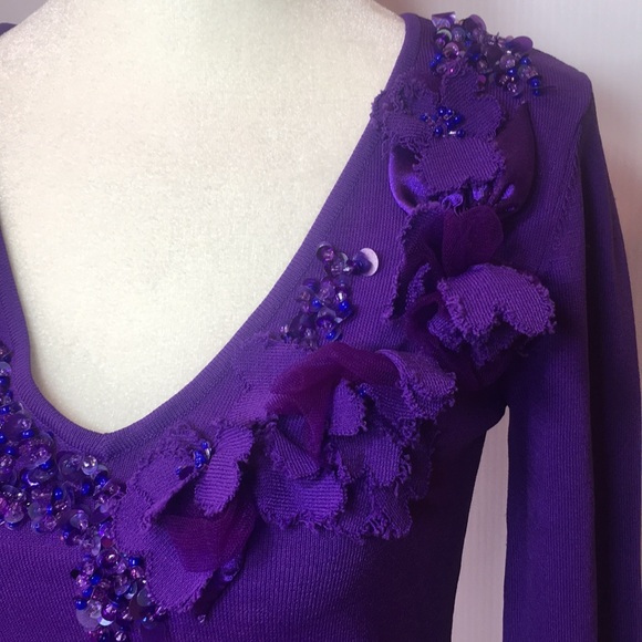 Purple sweater . Sz S . Beaded/sequins Vneck - Picture 9 of 16